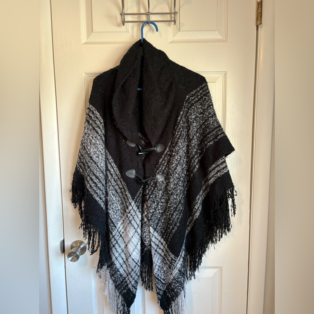 Black and Gray Plaid Poncho with Fringe